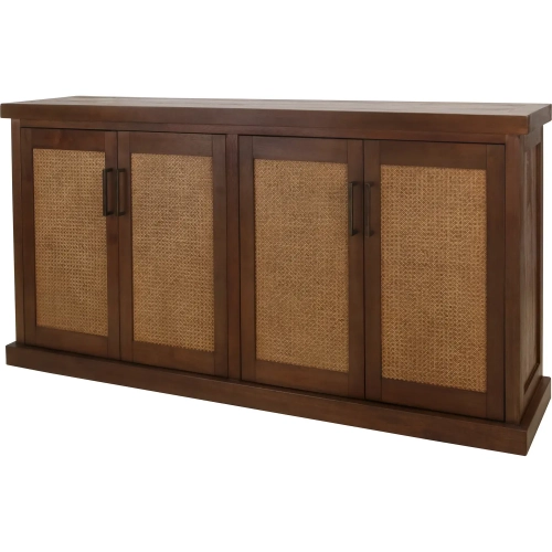 Armoni 4 Door Buffet Sideboard in Walnut Brown Finish Wood & Rattan